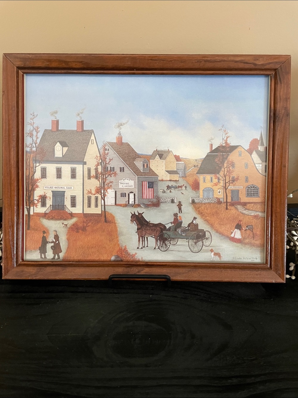 Vintage Linda Nelson Stocks 1991 Folk Art Calendar Print  - 11x14 Oak Frame